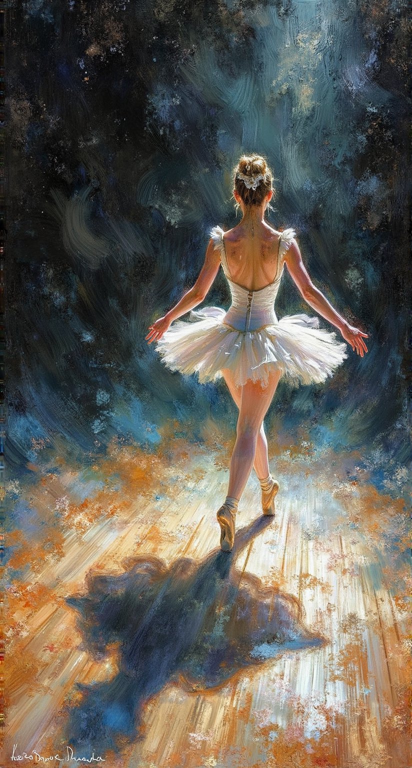 Extreme detailed. Stunning oil painting illustration by ZloyOrk. Ballet Dancer’s Shadow: A ballerina, mid-performance, casts a significant shadow on the stage floor that stretches out dramatically behind her. The shadows and light together emphasize the grace of her movement, making the shadow as important as the dancer herself.