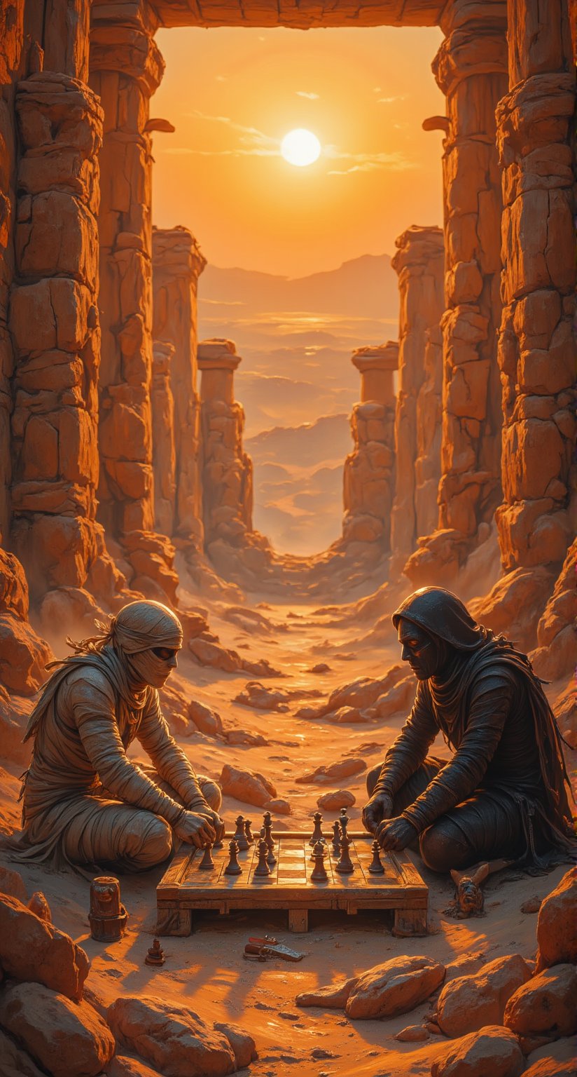 Rugged desert temple ruins provide the dramatic backdrop as the resurrected Mummy, wrapped in tattered linen bandages, makes a calculated move against his cunning black Shadow opponent. Chess pieces and ancient artifacts scattered across the sandy floor, as the Golden Sun sets behind, casting an eerie glow on the mystical game.