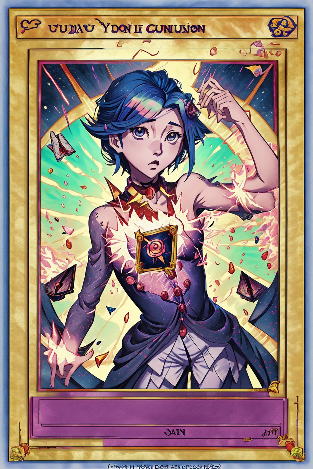 Blank Yu-Gi-Oh! card with only the illustration area completed. The illustration features an anime character albedo, The card must be completely blank except for the illustration, with no name, symbols, or text on the card.