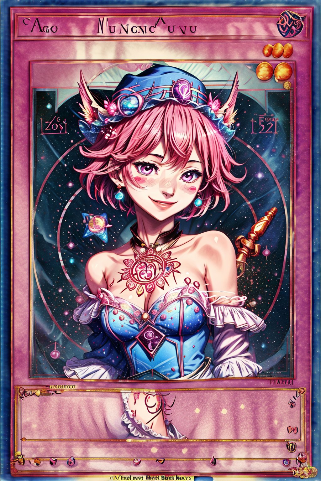 yugioh_card,(anime style),masterpiece, best quality, hmdmg1, wizard hat, blush, blush stickers, cleavage, bare shoulders, dress, off shoulder, command spell, magic, magic circle, magic wand, smile