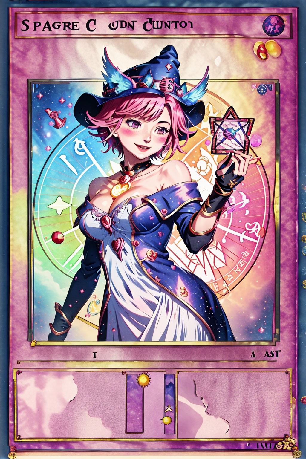 yugioh_card,(anime style),masterpiece, best quality, hmdmg1, wizard hat, blush, blush stickers, cleavage, bare shoulders, dress, off shoulder, command spell, magic, magic circle, magic wand, smile