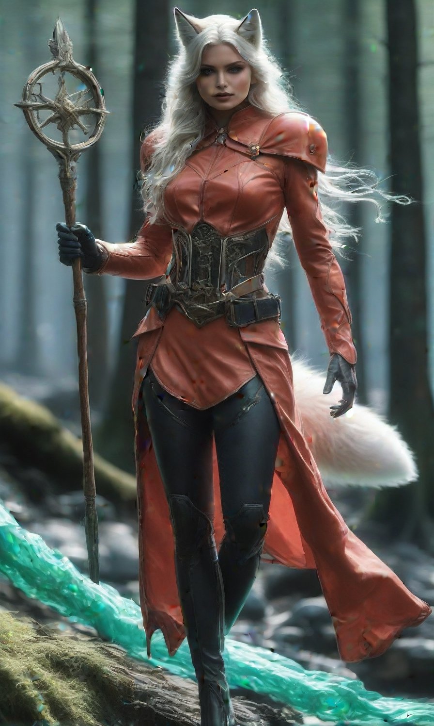 A kistsune standing in a forest glen. She is wearing a red dress; soft leather, thigh high boots with no heal; slong, black silk gloves; and a lether and steel belt. fox ears, fox tail, deep clevage, glowing emerald pendant, long platinum hair, holding an oaken quarterstaff at the ready,