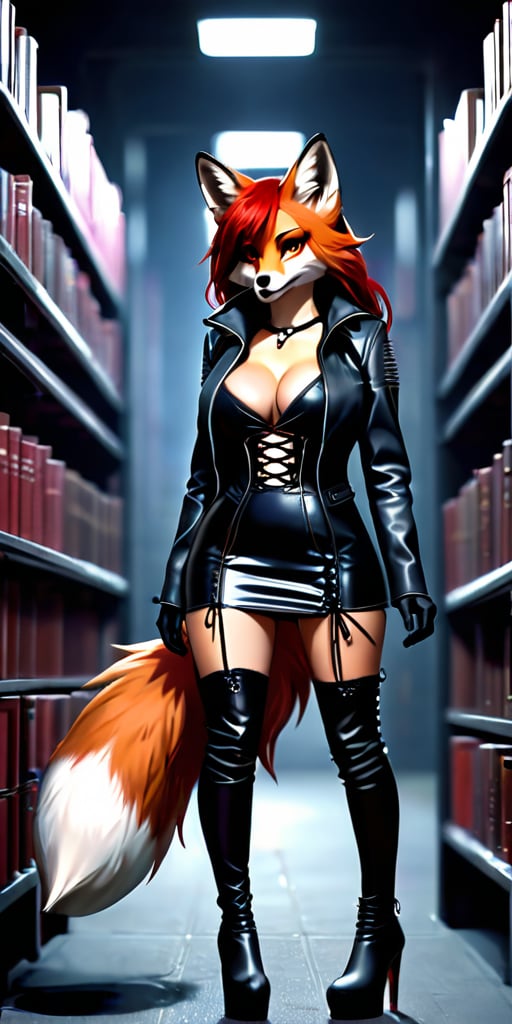 kitsune, red hair, red fur, open jacket, dress (beige, modern style,shin length), boots (thigh high, lace up the side, pronounced heels, modern style), tails (fox, six in total), D cup breasts, shapely, adventure, modern clothing, photorealistic, red latex, walking amoung darkened library shelves. night, no winsows, no light fixtures,Expressiveh,dark theme