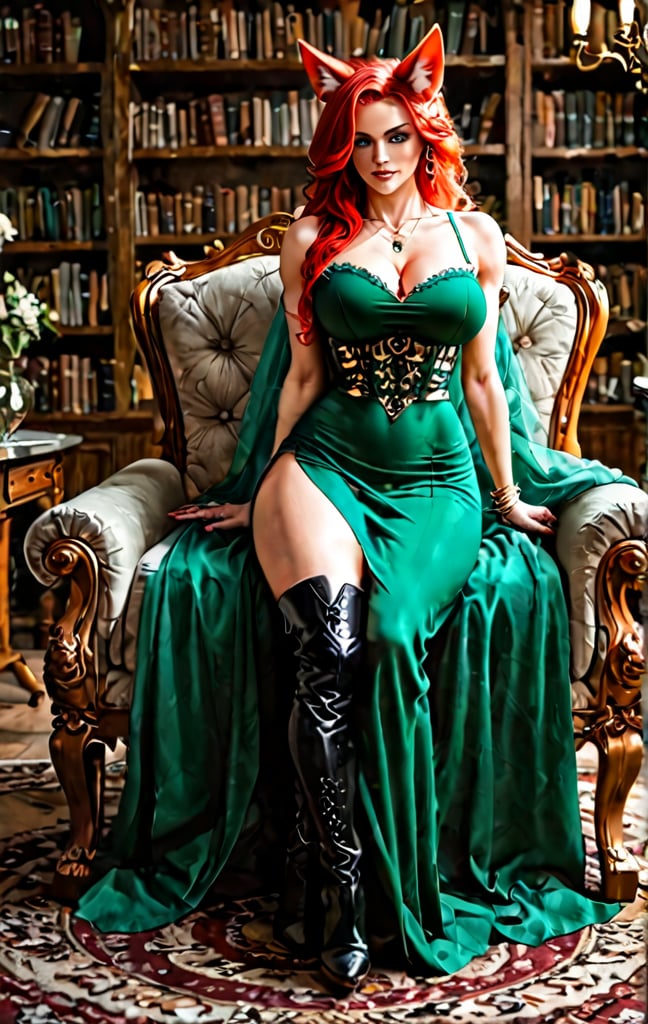 A kitsune with striking red hair and fur sits regally in an antique armchair within a dimly lit library. A tight green top accentuates her toned physique, while a flowing long skirt drapes elegantly around her legs. Thigh-high boots add a touch of modernity to her attire. Fox ears and tail protrude from her head and back, respectively. Her expression is one of confident adventure, as if plotting the next great quest. The soft lighting casts a warm glow on her hyper-realistic features, highlighting her shapely form beneath her fully clothed yet provocative ensemble.