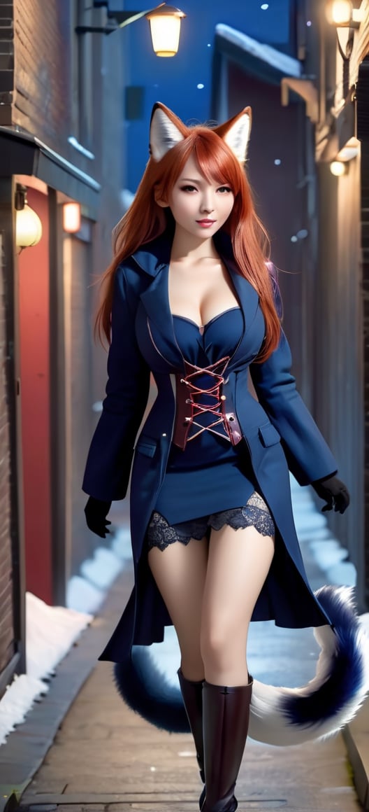 kitsune, red hair, red fur, open jacket, corset dress (over breast, deep blue, modern style), boots (thigh high, lace up the side, low heels, modern style), tails (fox, six in total), D cup breasts, shapely, adventurer, modern clothing, photorealistic, walking along a darkened fantasy alley way, furry female, night, no winsows, no light fixtures, Expressiveh, dark theme, small pile of snow