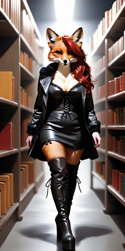 kitsune, red hair, red fur, open jacket, dress (beige, modern style,shin length), boots (thigh high, lace up the side, pronounced heels, modern style), tails (fox, six in total), D cup breasts, shapely, adventure, modern clothing, photorealistic, red latex, walking amoung darkened library shelves. night, no winsows, no light fixtures,Expressiveh,dark theme