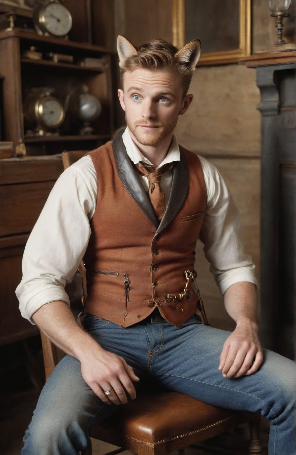 1man, 6 foot 3 inches tall, fox boy, lean build, loose rust coloured vest, jeans, leather belt, o-ring collar, sitting in an Edwardian study