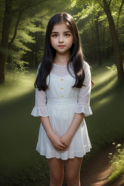 A young girl with long black hair cascading down to her waist, standing in a serene forest clearing. The soft, dappled sunlight filters through the trees, highlighting her delicate features. She stands with a gentle, relaxed posture, her hands clasped in front of her, looking contemplative. The composition is centered, with the forest framing her in a natural, harmonious setting.