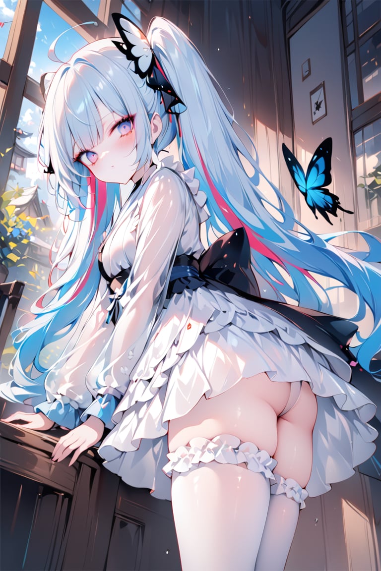 (masterpiece), (best quality), illustration, ultra detailed, hdr, Depth of field, (colorful),[wlop],[[sheya]],hiten_(hitenkei), dynamic angle, lolita dress, see through, multi layered dress, bangs, ahoge, from side, very long hair, multi_colored hair, kimono,, long sleeves, twintails, masterpiece, best quality, blurry background, depth of field, iceflake, onnk, butterfly, white thighhighs, frilled thighhighs, see through, veil,