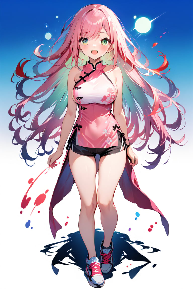 1girl, solo, full body, standing, tall, masterpiece, very aesthetic, very long hair, blushing, happy face, pink qipao, swept bangs, gradient green eyes, red hair, top breasts, bare shoulders, black shorts, sideboobs, sneakers, thigh gap, pink inner hair glow, Visual_Illustration,