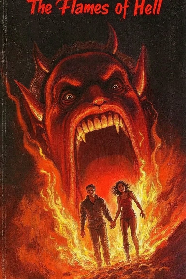 the cover of a horror book titled "The Flames of Hell" (text in serif font), where a horned devil dominates the illustration, his mouth full of teeth is the exit of a tunnel from which flames come out and a man and a woman escape hand in hand with faces of horror fright. ,vintage horror illustration, detailed faces, ultra detailed illustration,