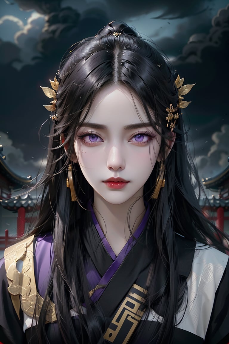 (cowboy shot), dynamic action style, (1woman), (female:1.2), mature face, (mature girl:1.2), sinister smirk, (Chinese hanfu with black and gold accents), finely detailed eyes and face, slim figure, (long black straight hair:1.2), (purple eyes:1.3), (focus on character:1.1), ((solo)), detailed face, detailed eyes, Chinese epic style, clear subject, ultra realistic, ultra detailed, OC rendering, blender, high detail, ultra high quality, dark and ominous atmosphere, dark clouds swirling, subtle mist