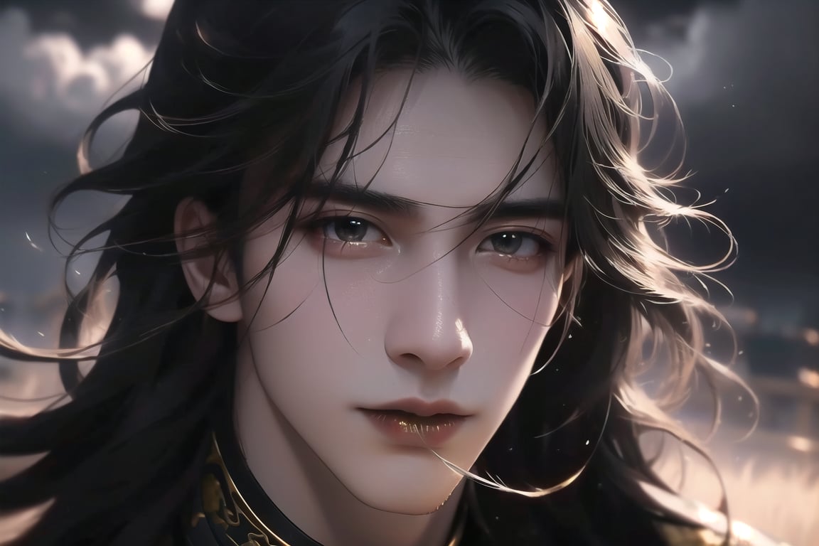 (cowboy shot), dynamic action style, (1man), (male:1.2), mature face, (mature boy:1.2), sinister smirk, (Chinese hanfu with black and gold accents), finely detailed eyes and face, (long black straight hair:1.2), (purple eyes:1.1), (focus on character:1.1), ((solo)), detailed face, detailed eyes, Chinese epic style, clear subject, ultra realistic, ultra detailed, OC rendering, blender, high detail, ultra high quality, dark and ominous atmosphere, dark clouds swirling, subtle mist