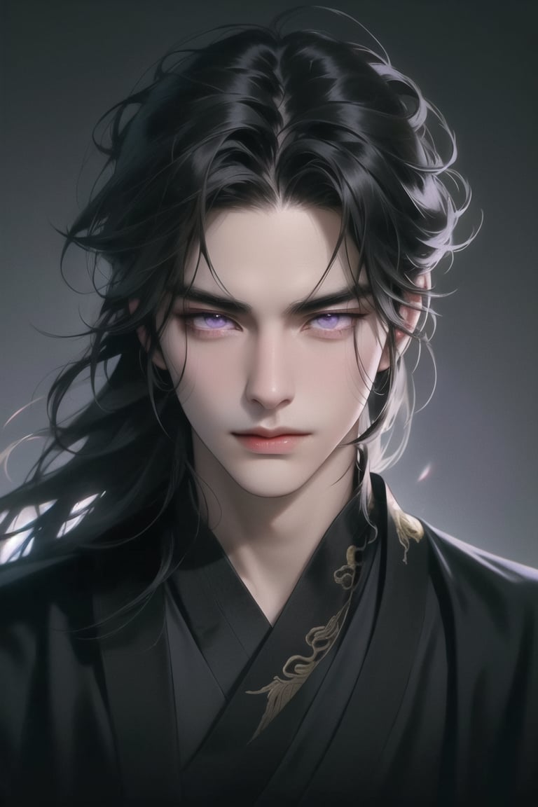 (cowboy shot), dynamic action style, (1man), (male:1.2), mature face, (mature boy:1.2), sinister smirk, (Chinese hanfu with black and gold accents), finely detailed eyes and face, (long black straight hair:1.2), (purple eyes:1.1), (focus on character:1.1), ((solo)), detailed face, detailed eyes, Chinese epic style, clear subject, ultra realistic, ultra detailed, OC rendering, blender, high detail, ultra high quality, dark and ominous atmosphere, Chinese acient city