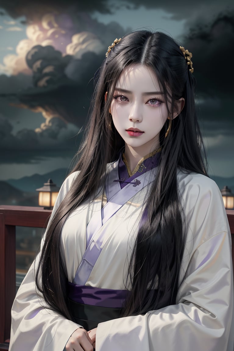 (cowboy shot), dynamic action style, (1woman), (female:1.2), mature face, (mature girl:1.2), sinister smirk, (Chinese hanfu with black and gold accents), finely detailed eyes and face, slim figure, (long black straight hair:1.2), (purple eyes:1.3), (focus on character:1.1), ((solo)), detailed face, detailed eyes, Chinese epic style, clear subject, ultra realistic, ultra detailed, OC rendering, blender, high detail, ultra high quality, dark and ominous atmosphere, dark clouds swirling, subtle mist
