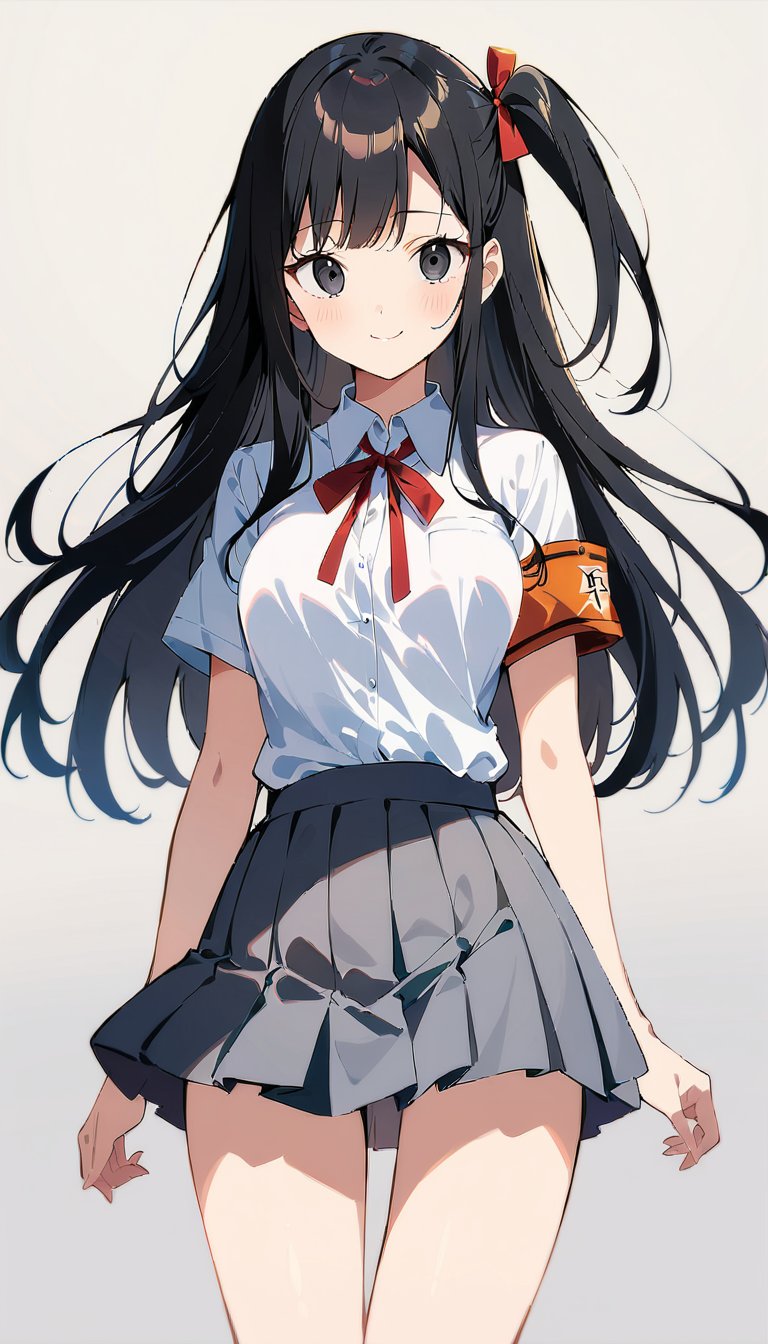 1girl, black hair, long hair, straight hair, one_side_up, hair accesory, black eyes, tsurime eyes, medium breasts, smile, neat, gray pleated skirt, white collared shirt, tucked shirt, short sleeves, neck red ribbon, orange armband, seitokaichou, cowboy shot, simple background, (masterpiece), best quality, expressive eyes, perfect face, 8k, extremely detailed eyes, very aesthetic, absurdres, intricate details, perfect anatomy, extremely delicate body, smooth skin, feminine expression, cristal clear eyes, vivid colors, anime style, flat style