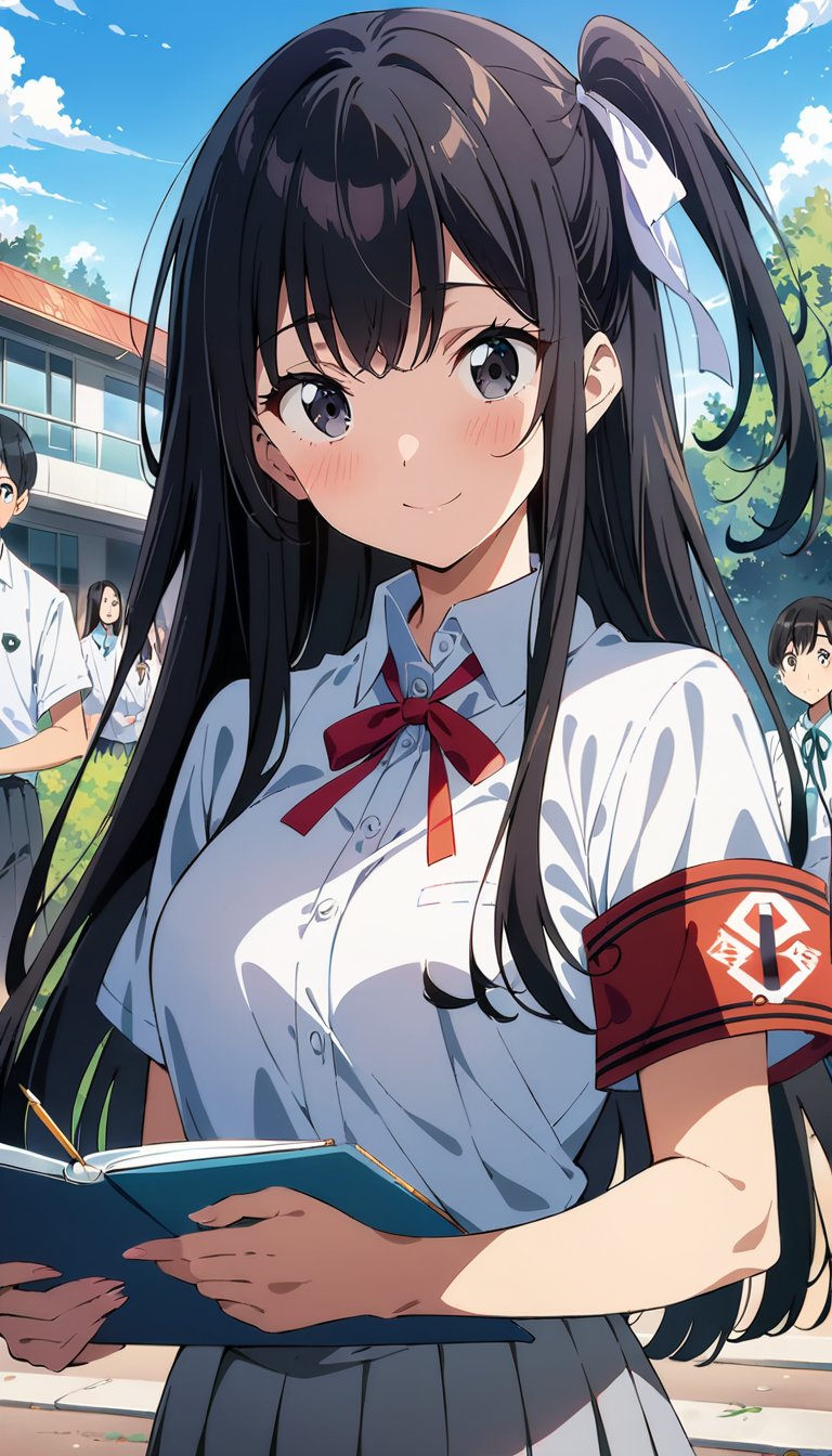 1girl, black hair, long hair, one side up, white ribbon, straight hair, black eyes, tsurime eyes, smile, medium breasts, gray pleated skirt, white collared shirt, short sleeves, red ribbon, orange armband, notebook, holding, school campus, outdoors, blue sky, morning, other students at background, (masterpiece), best quality, expressive eyes, perfect face, 8k, extremely detailed anime art, extremely detailed eyes, very aesthetic, absurdres, intricate details, perfect anatomy, extremely delicate body, smooth skin, feminine expression, cristal clear eyes, anime style