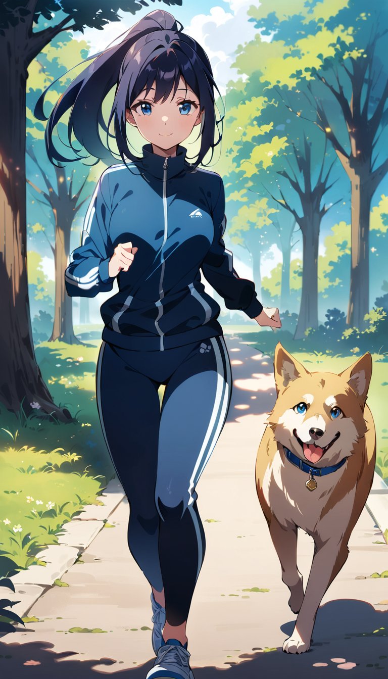 1girl, solo, dark blue hair, long hair, straight hair, ponytail, hair red ribbon, blue eyes, smile, medium breasts, track suit, outdoors, park, trees, morning, running, dog running along side, (masterpiece), best quality, cute face, 4k, very aesthetic, absurdres, intricate details, perfect anatomy, extremely delicate body, smooth skin, feminine expression, cristal clear eyes, anime style, flat style