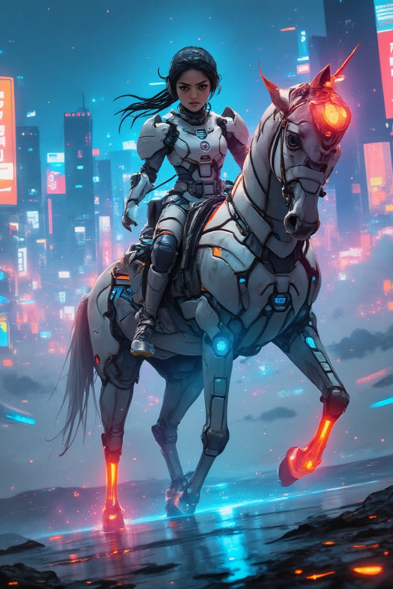 A futuristic landscape unfolds as a youthful heroine, garbed in armored finery, astride a gleaming cybernetic steed. The majestic creature's metallic hide glistens under the piercing light of a neon-drenched cityscape. With determined gaze, the girl warrior grasps the reins, her fingers intertwined with the horse's neural tendrils as they thunder forth into a boundless digital horizon.