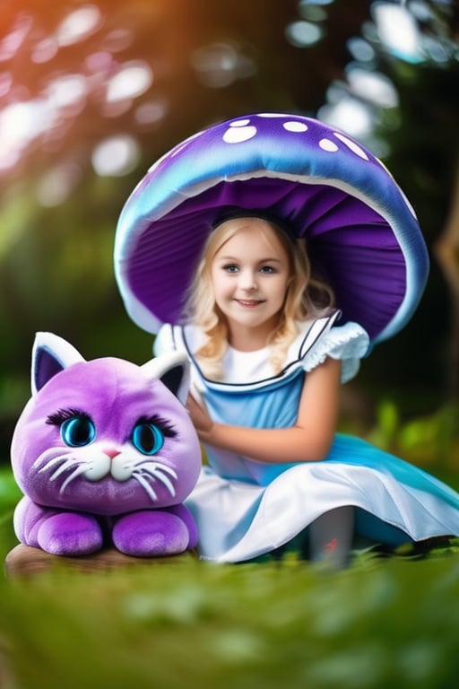 a cute young girl in cosplay Alice in wonderland costume, having fun playing with a purple cat cat, giant mushroom