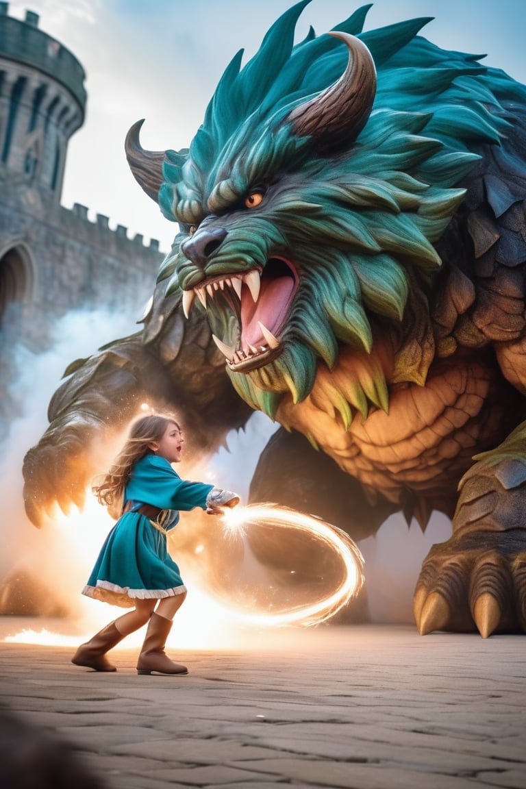 a realistic photo of a cute young girl cosplay in wizard cotume, fighting a giant monster with magic,