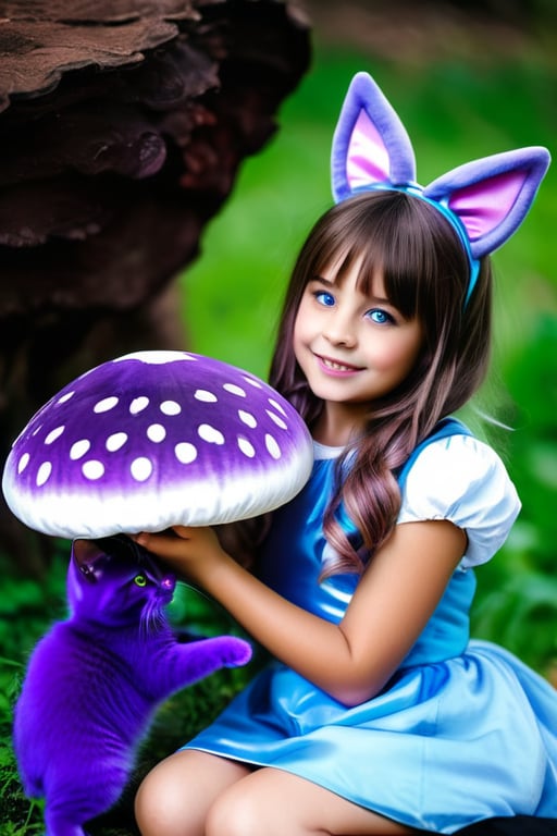 a cute young girl in cosplay Alice in wonderland costume, having fun playing with a purple cat cat, giant mushroom