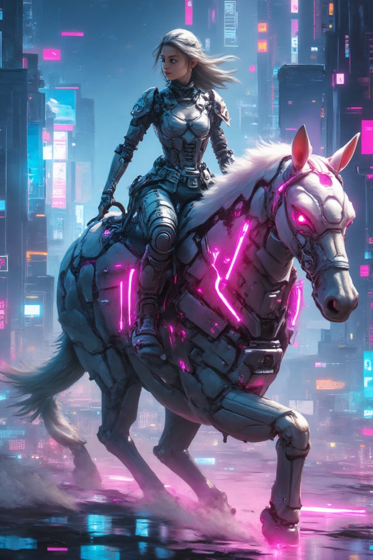 A futuristic landscape unfolds as a youthful heroine, garbed in armored finery, astride a gleaming cybernetic steed. The majestic creature's metallic hide glistens under the piercing light of a neon-drenched cityscape. With determined gaze, the girl warrior grasps the reins, her fingers intertwined with the horse's neural tendrils as they thunder forth into a boundless digital horizon.