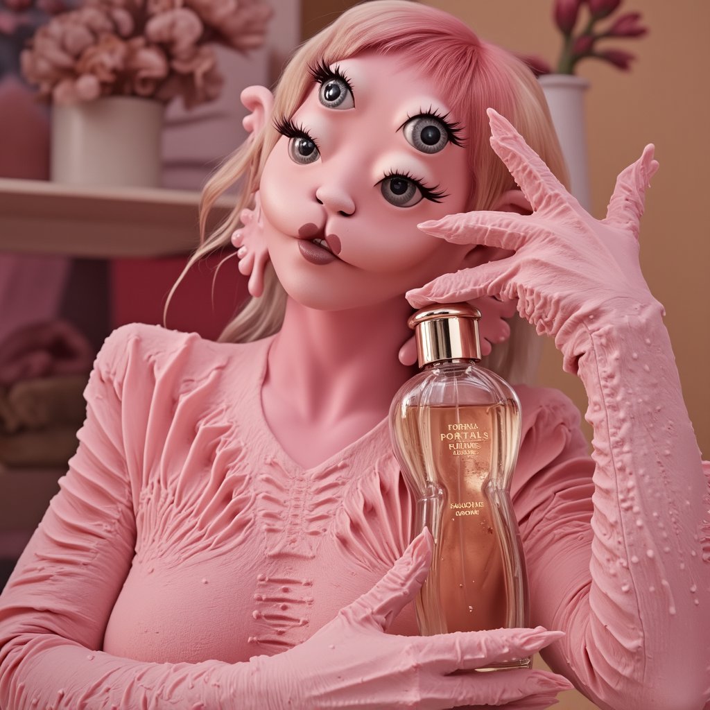 a woman with four eyes, pink skin, textured skin, pink textured skin, full body pink textured skin. In a luxurious setting with soft, ambient lighting, a woman with four eyes and pink textured skin is elegantly posing next to a sophisticated perfume bottle. The perfume bottle is tall and slender, made of clear glass with a delicate gold cap, and prominently features the text “PORTALS PARFUMS” on its label. The woman is wearing a refined outfit consisting of a flowing blouse with billowy sleeves and a high-waisted skirt, ensuring a non-revealing appearance. Her hair is styled in smooth, cascading waves, and she gazes towards the viewer with an air of graceful confidence. The background features a tastefully arranged display of flowers and soft fabrics, complementing the perfume's elegant presentation. full body textured skin, four eyes, four-eyed woman, five fingers, hands not necessarily in view, no toes, smooth feet, Melanie woman, full body textured skin.