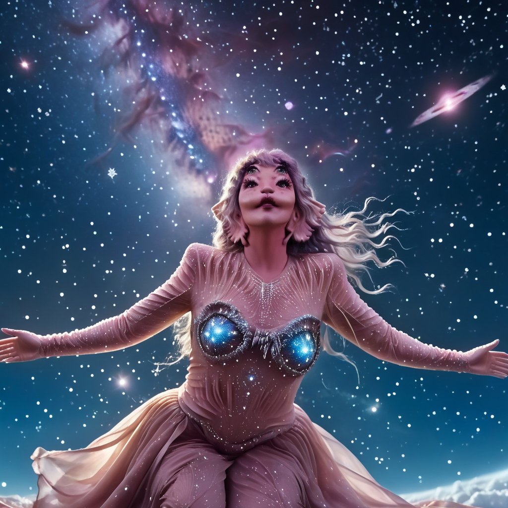 A woman with four eyes and pink textured skin is floating in a vast, starry sky. Her full body is in view as she drifts weightlessly, surrounded by shimmering constellations and distant galaxies. She wears a flowing, silver gown that glimmers like the stars around her, blending seamlessly with the cosmic landscape. Her hair flows freely, intertwining with the stardust, as she gazes upward with a serene expression, as if she’s one with the universe. The scene is tranquil and majestic, capturing the infinite beauty and mystery of the cosmos. Melanie woman, full body textured skin, four eyes.