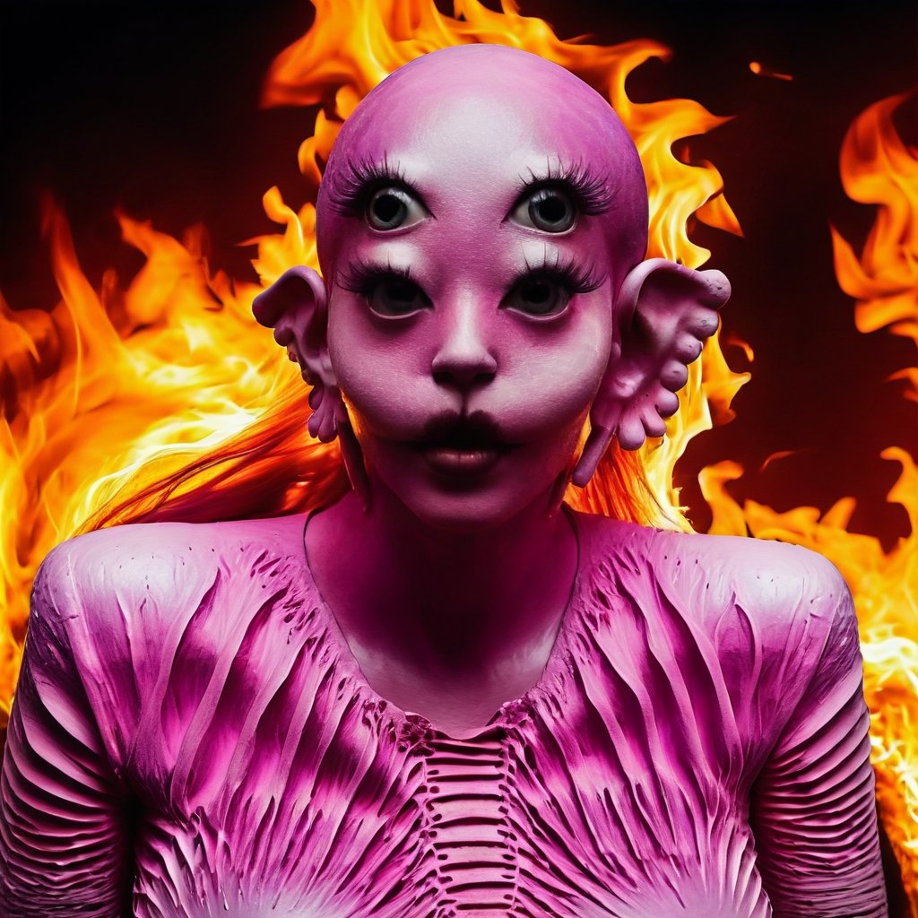 A woman with four eyes, pink skin, textured skin, engulfed in a large pink fire, posing, full body