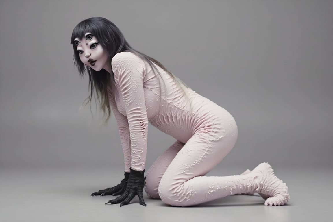 a woman , on hands and knees , full body , white skin , white textred skin , white skin , black laytex hands, black gloves , black textred hands, black hair , no outift, grey backdrop, white face , white body , shiney body and face, looking_at_viewer 