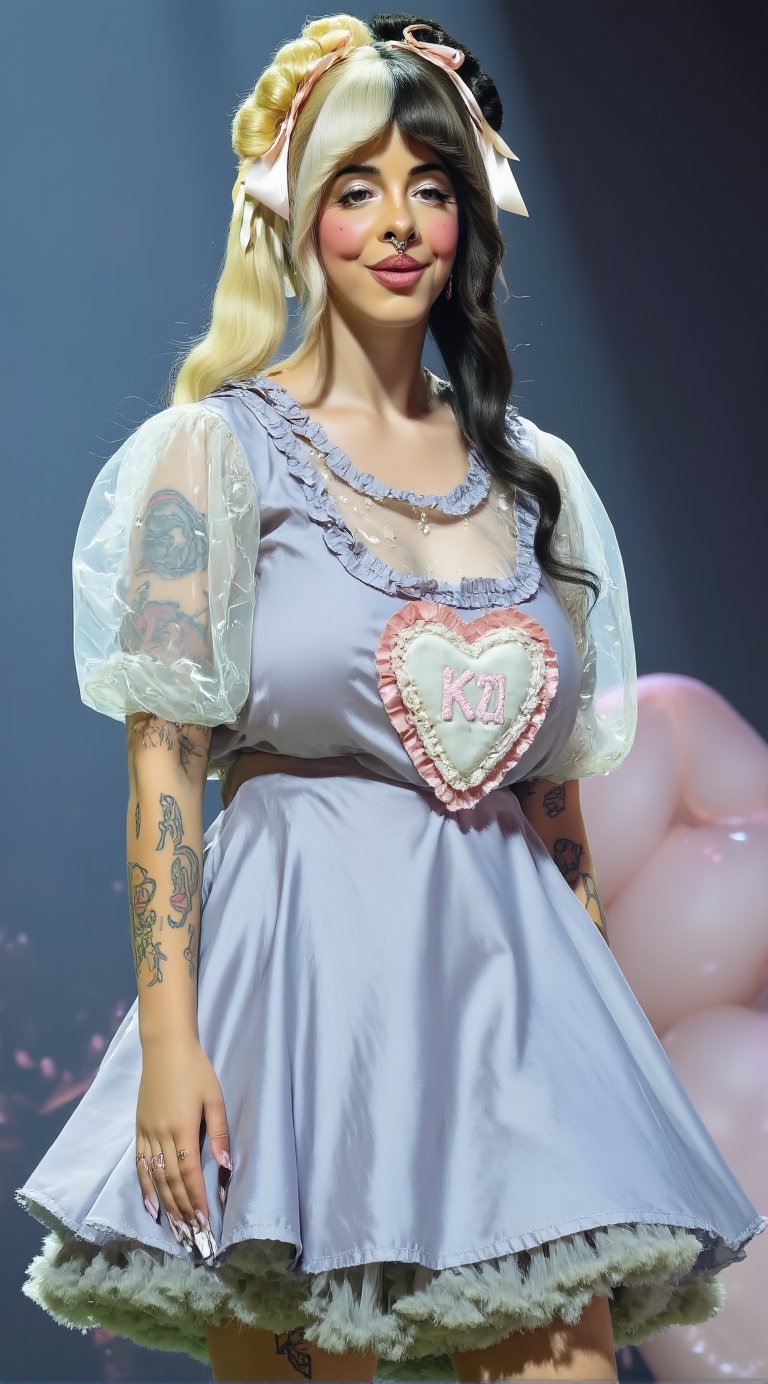 Melanie Martinez stands proudly on stage, her iconic ponytails styled with split hair featuring shades of blonde and black. She wears a striking light blue dress, adorned with bows that add to her whimsical charm. The light blue dress underneath is a nod to her trilogy tour's K-12 theme, with the phrase embroidered on her chest on a giant white patch. The embroidered words "K-12" are embroidered with a light pink thread. Her flawless face shines under the spotlight, capturing the essence of perfection. The full-body shot showcases her statuesque figure, as if frozen in time amidst the enchanting atmosphere.