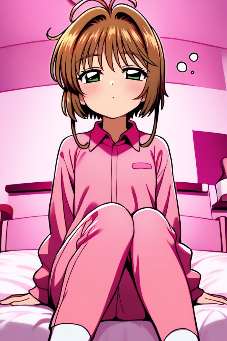 indoors, bedroom, 1girl, solo,  Kinomoto Sakura, green eyes, short hair, brown hair, antenna hair, pajama, pink shirt, long sleeves, collared_shirt, pink pants, white socks, sitting, on bed, cowboy shot, sleepy, arm support, blush, looking at viewer, perfect hands, perfect anatomy, masterpiece, best quality, very aesthetic, absurdres, limited palette, pink theme, 