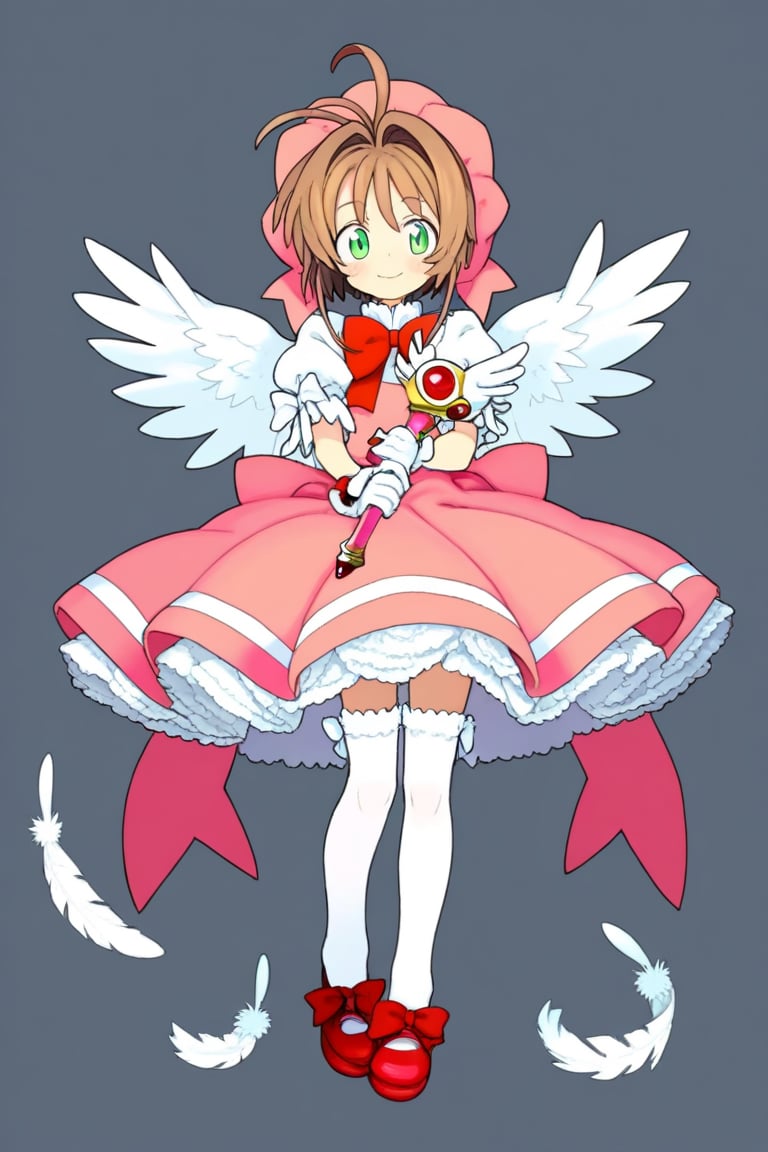 morino hon, white background, feathers, 1girl, solo,  Kinomoto Sakura, green eyes, short hair, brown hair, antenna hair, pink hat, white shirt, frilled shirt, short sleeves, puffy sleeves, pink dress, frilled dress, angel wings, white gloves, white thighhighs, mary janes, red footwear, ribbon, red bow, magical girl, standing, holding wand, smile, blush, cowboy shot, perfect hands, perfect anatomy, masterpiece, best quality, very aesthetic, absurdres,