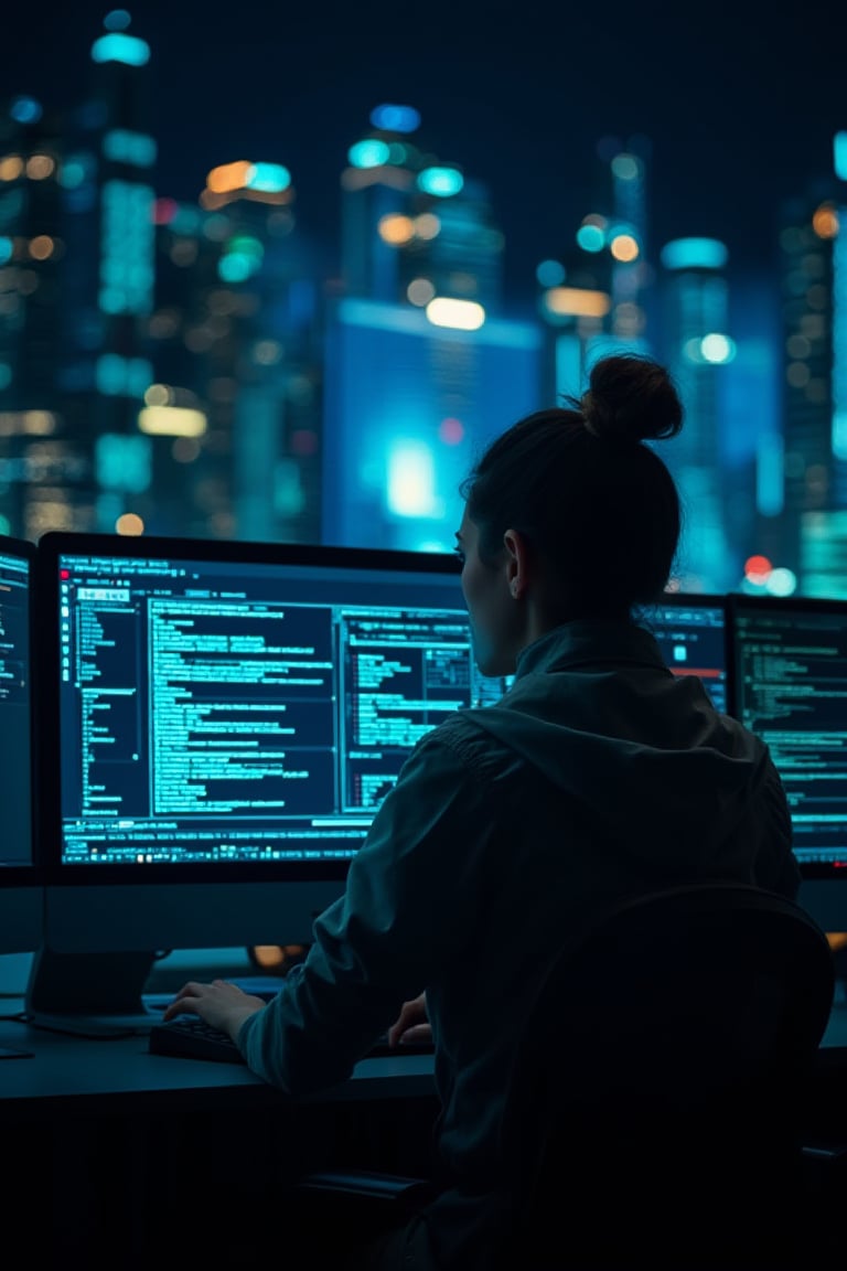 A woman is sitting in front of computer, inserting hack codes, involving in cyber war, preventing further explosion of electronic devices.
