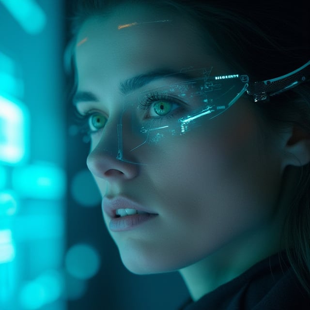 A futuristic concept: a woman with piercing green eyes, wearing sleek and slender contact lenses embedded with micro-chips, as she gazes intently at a holographic display projected in front of her. Soft focus highlights the intricate details of the lenses, while the surrounding environment remains blurred. A subtle blue glow emanates from the lenses, illuminating her features.