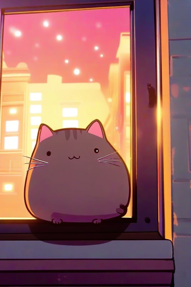 A whimsical illustration of Pusheen cat in a vibrant anime style. Framed against a bright pink background, Pusheen lounges on her side, her paws curled up and tail relaxed. Softly glowing windowsills and twinkling streetlights illuminate the night scene. The cat's playful expression is highlighted by a streak of golden light across her whiskered face.