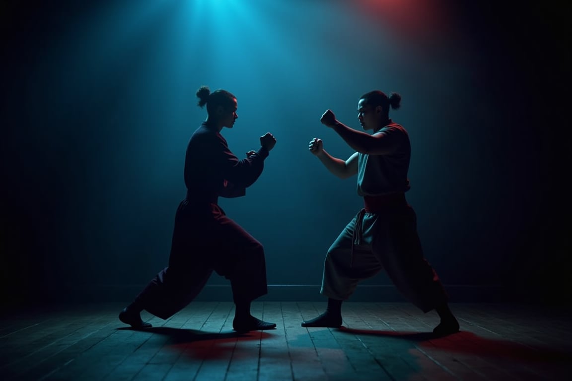 Two kung fu warriors stand facing each other on a dimly lit, circular stage. The air is thick with anticipation as they prepare to duel. Soft blue and red spotlights highlight their determined faces, while the dark background accentuates their dynamic poses. One warrior's arm is cocked back, ready to strike, while the other's fists are clenched in a fierce stance. The scene is set for an intense battle of wits and martial arts prowess.