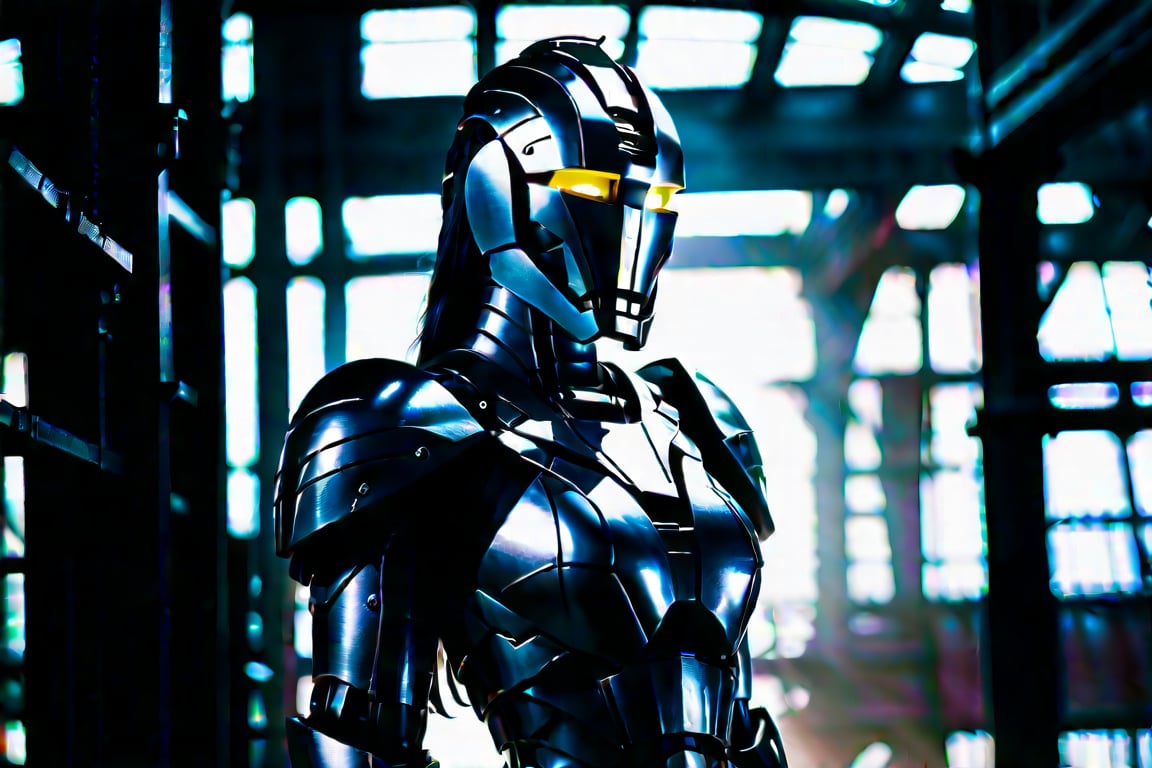 A medium shot of an imposing figure, 'The Iron Woman', standing in a dimly lit industrial setting. Her entire body is encased in shimmering iron armor, resembling a humanoid robot. Her facial features are obscured by a helmet-like mask, giving her an enigmatic and mysterious aura. The lighting highlights the metallic texture, casting dramatic shadows on the surrounding walls.