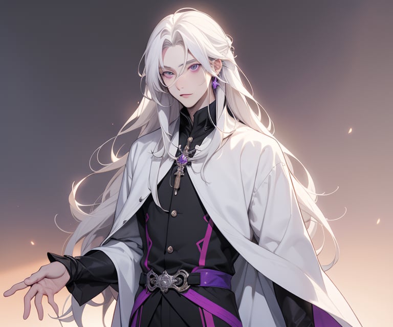 tall fit pale skinned  anime male with long white hair and deep purple eyes wearing prince attire with little skin showing