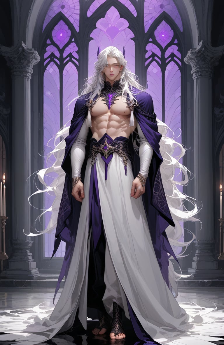 tall fit pale skinned  anime male with long white hair and deep ecentric purple eyes wearing mythical prince attire with chest window showing masculine full body but high detil 