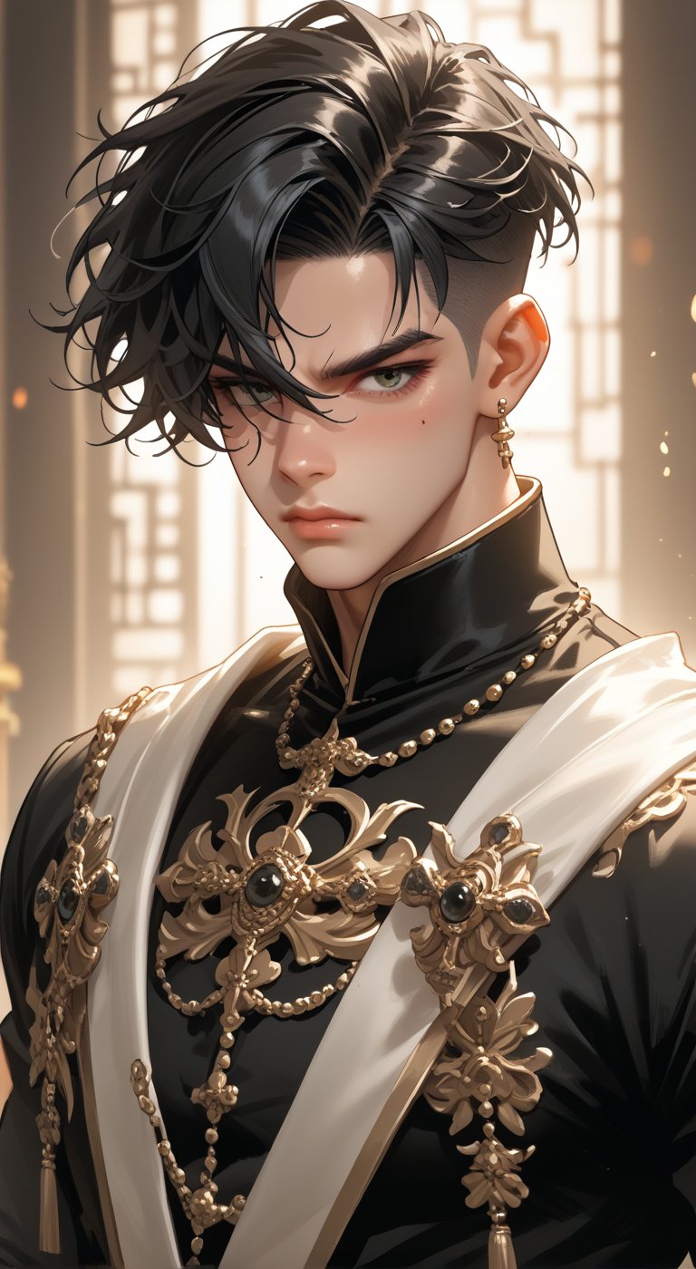 tale light tanned male with prince attire and short clean cut black hair with dominent presense