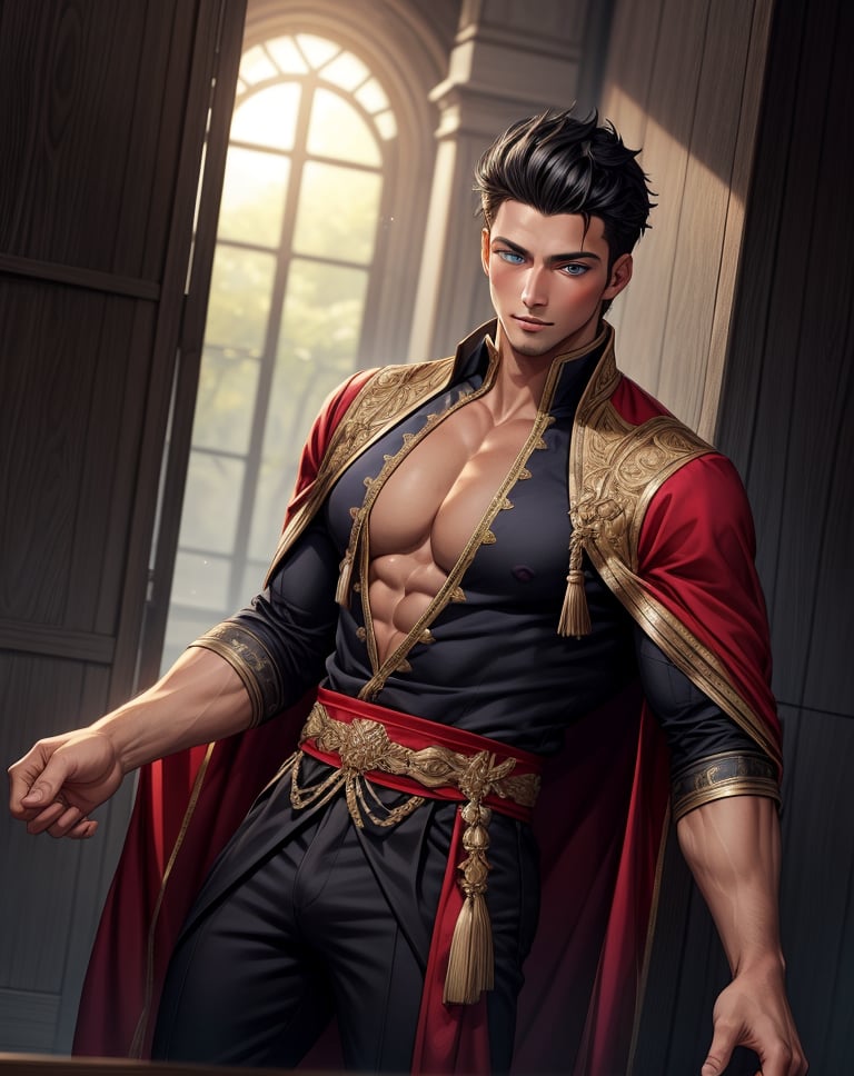 tall light tanned male in elegant prince attire showing no skin and short clean cut black hair with dominent presense masculine fit with vibrent blue eyes with big pickle