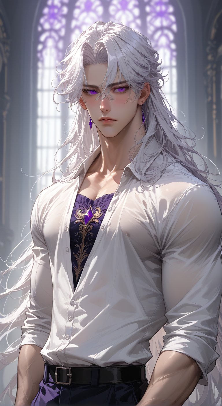 tall fit pale skinned  anime male with long white hair and deep ecentric purple eyes wearing mythical prince attire with chest window showing masculine but high detail tigth undershirt