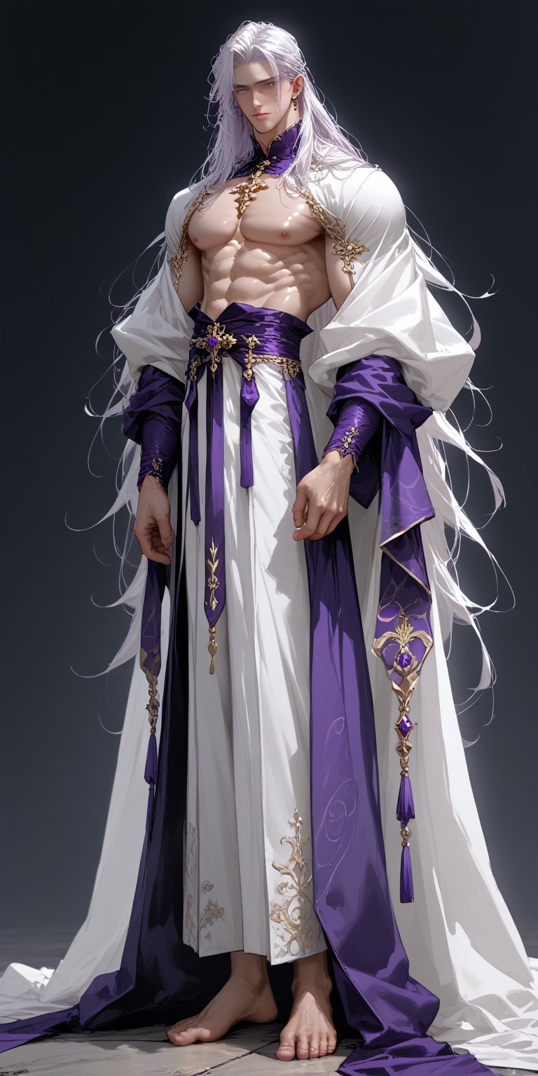 tall fit pale skinned  anime male with long white hair and deep purple eyes wearing prince attire with chest area  showing masculine full body