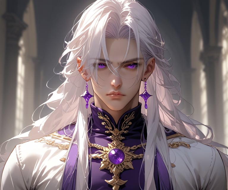 tall fit pale skinned  anime male with long white hair and deep purple eyes wearing prince attire with little skin showing masculine