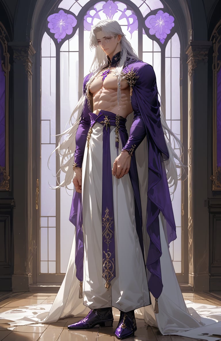 tall fit pale skinned  anime male with long white hair and deep purple eyes wearing prince attire with chest window showing masculine full body