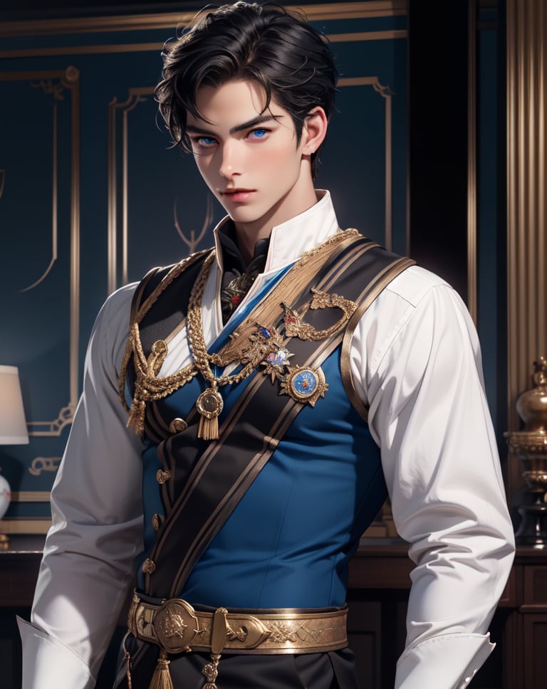 tale light tanned male in prince attire and short clean cut black hair with dominent presense masculine fit with vibrent blue eyes