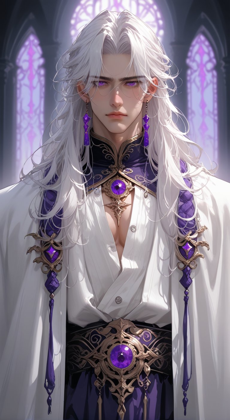 tall fit pale skinned  anime male with long white hair and deep ecentric purple eyes wearing mythical prince attire with chest window showing masculine but high detil 