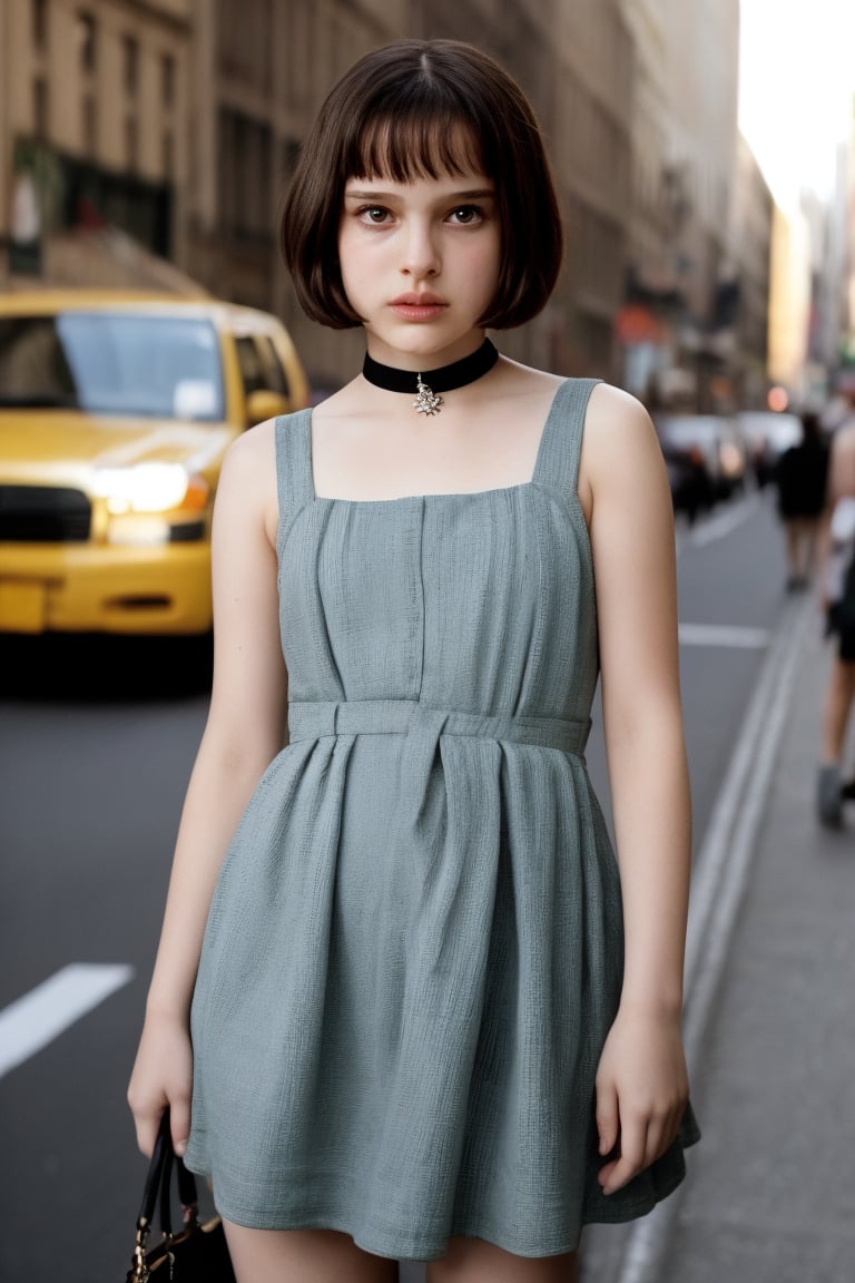 A stunning, hyper-realistic depiction of 11-year-old Matilda, played by Natalie Portman, standing confidently in a full-body shot against the vibrant backdrop of New York City. Her porcelain doll-like face glows with an ethereal light, as if bathed in HDR radiance. Matilda's slender figure and toned physique are showcased in exquisite detail, capturing the essence of her youthful energy and beauty.